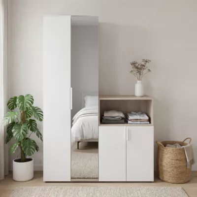 Ensemble de meubles de rangement effet chêne portes battantes miroir et blanches GoodHome Atomia H. 225 x L. 150 x P. 47 cm