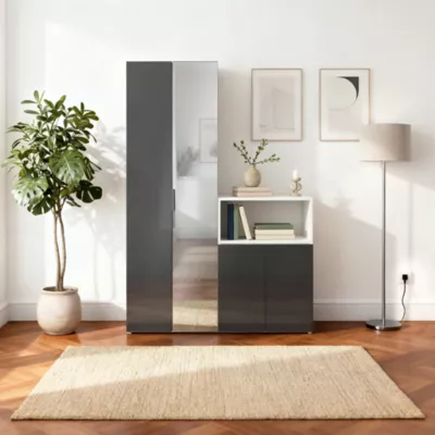 Ensemble de meubles de rangement blancs portes battantes miroir et anthracite brillant GoodHome Atomia H. 225 x L. 150 x P. 47 cm