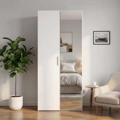 Armoire penderie blanche portes battantes miroir et blanches GoodHome Atomia H. 187,5 x L. 75 x P. 60 cm