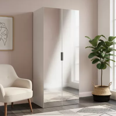 Armoire penderie blanche portes battantes miroir GoodHome Atomia H. 187,5 x L. 75 x P. 60 cm