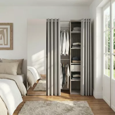 Dressing avec rideau et porte miroir effet chêne grisé GoodHome Atomia H. 187,5 x L. 200 x P. 45 cm