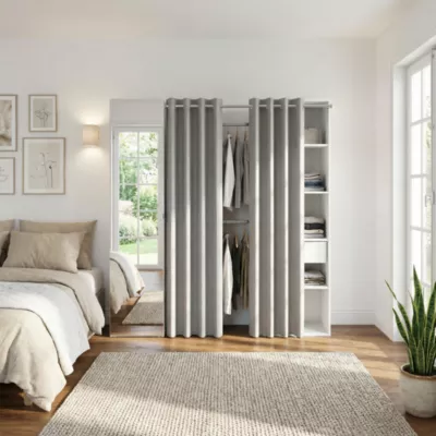 Dressing avec rideau et porte miroir blanc GoodHome Atomia H. 187,5 x L. 200 x P. 45 cm