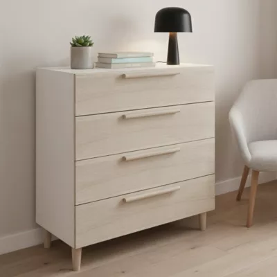 Commode sur pieds blanche et effet chêne 4 tiroirs GoodHome Atomia H. 86 x L. 75 x P. 47 cm