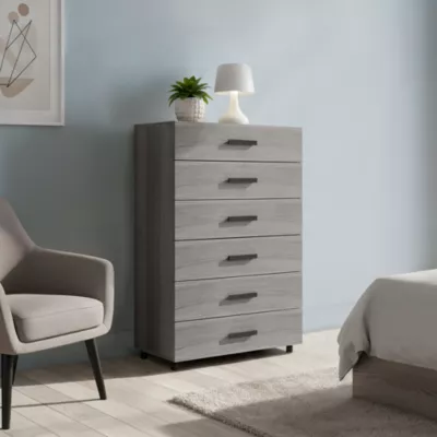 Commode sur pieds effet chêne grisé 6 tiroirs GoodHome Atomia H. 112,5 x L. 75 x P. 45 cm
