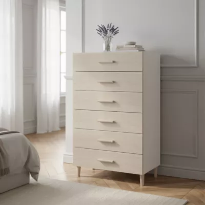 Commode sur pieds blanche et effet chêne 6 tiroirs GoodHome Atomia H. 123,5 x L. 75 x P. 47 cm