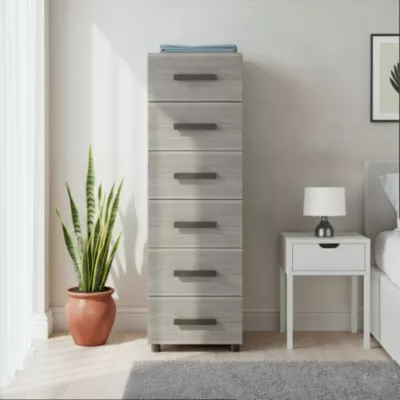 Commode sur pieds effet chêne grisé 6 tiroirs GoodHome Atomia H. 112,5 x L. 37,5 x P. 45 cm