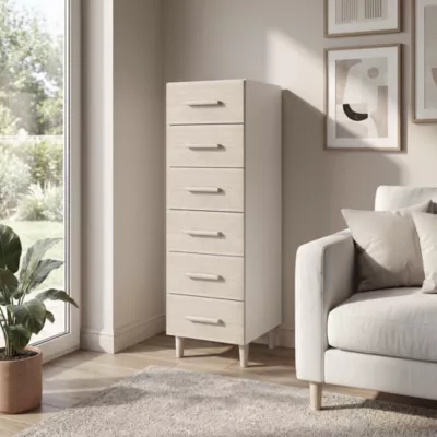Commode sur pieds blanche et effet chêne 6 tiroirs GoodHome Atomia H. 123,5 x L. 37,5 x P. 47 cm