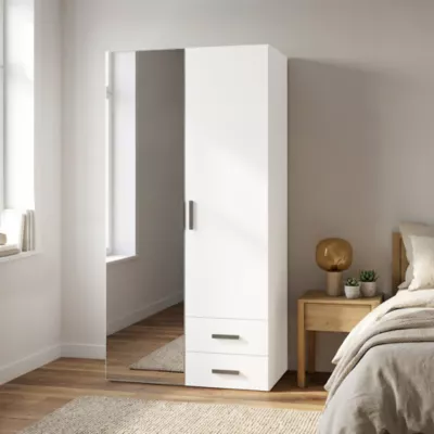 Armoire penderie portes battantes miroir et tiroirs blanche GoodHome Atomia H. 187,5 x L. 100 x P. 60 cm