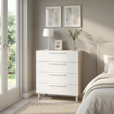 Commode sur pieds blanche et effet chêne 4 tiroirs GoodHome Atomia H. 86 x L. 75 x P. 45 cm
