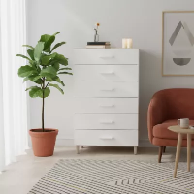 Commode sur pieds blanche et effet chêne 6 tiroirs GoodHome Atomia H. 123,5 x L. 75 x P. 45 cm