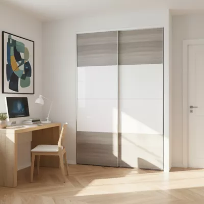 Portes de placard coulissantes 2 vantaux panneaux blancs brillants et effet chêne grisé GoodHome Atomia H. 225 x L. 150 x ép. 5,5 cm