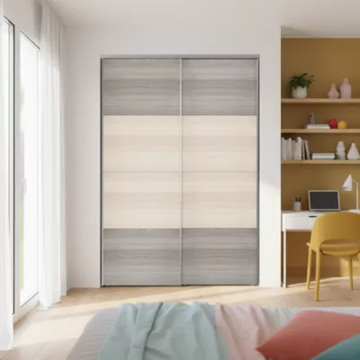 Portes de placard coulissantes 2 vantaux panneaux effet chêne et chêne grisé GoodHome Atomia H. 225 x L. 150 x ép. 5,5 cm