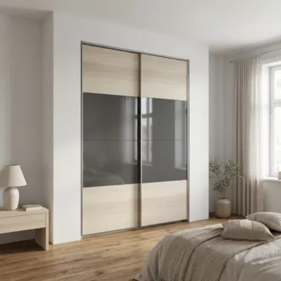 Portes de placard coulissantes 2 vantaux panneaux anthracite brillants et effet chêne GoodHome Atomia H. 225 x L. 150 x ép. 5,5 cm
