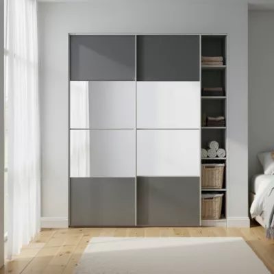 Portes de placard coulissantes 2 vantaux panneaux anthracite brillants et miroir GoodHome Atomia H. 225 x L. 150 x ép. 5,5 cm