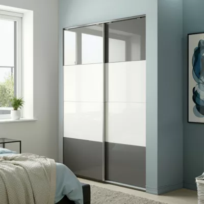 Portes de placard coulissantes 2 vantaux panneaux blancs et anthracite brillants GoodHome Atomia H. 225 x L. 150 x ép. 5,5 cm
