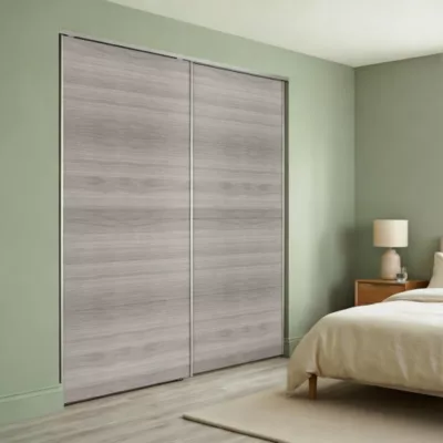 Portes de placard coulissantes 2 vantaux panneaux effet chêne grisé GoodHome Atomia H. 225 x L. 200 x ép. 5,5 cm
