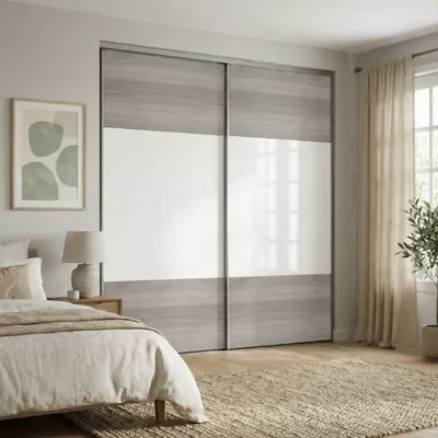 Portes de placard coulissantes 2 vantaux panneaux blancs et effet chêne grisé GoodHome Atomia H. 225 x L. 200 x ép. 5,5 cm