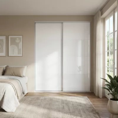Portes de placard coulissantes 2 vantaux panneaux blancs et blancs brillants GoodHome Atomia H. 225 x L. 200 x ép. 5,5 cm