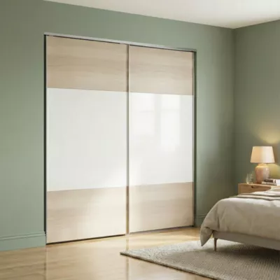Portes de placard coulissantes 2 vantaux panneaux blancs et effet chêne GoodHome Atomia H. 225 x L. 200 x ép. 5,5 cm