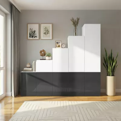 Ensemble d’armoires portes battantes sous pente et/ou comble, blanches et anthracite brillant GoodHome Atomia H. 225 x L. 250 x P. 60 cm