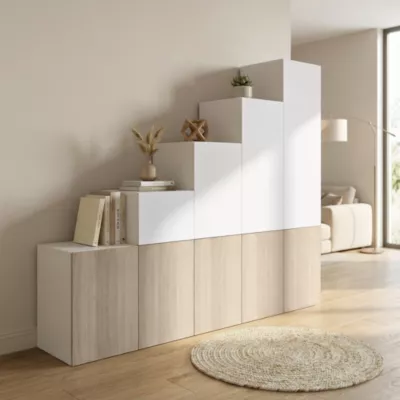 Ensemble d’armoires portes battantes sous pente et/ou comble blanches et effet chêne GoodHome Atomia H. 225 x L. 250 x P. 60 cm