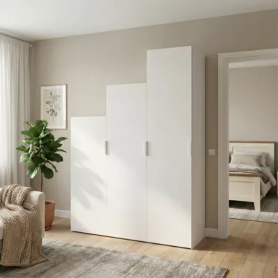 Ensemble d’armoires portes battantes sous pente et/ou comble blanches avec étagère à chaussures GoodHome Atomia H. 225 x L. 150 x P. 60 cm