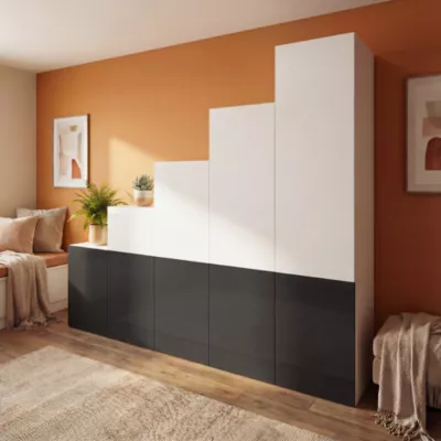 Ensemble d’armoires portes blanches et anthracite GoodHome Atomia H. 225 x L. 250 x P. 60 cm