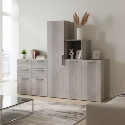 Ensemble de meubles de rangement portes battantes et tiroirs effet chêne grisé GoodHome Atomia H. 150 x L. 187,5 x P. 47 cm