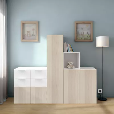 Ensemble de meubles de rangement portes battantes et tiroirs blancs et effet chêne GoodHome Atomia H. 150 x L. 187,5 x P. 47 cm