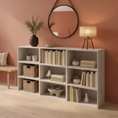 Buffet ouvert effet chêne 9 cases GoodHome Atomia H. 112,5 x L. 225 x P. 35 cm