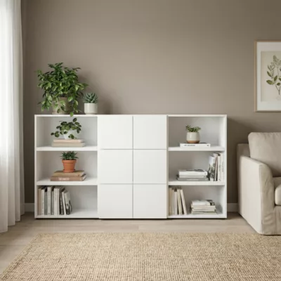 Buffet semi ouvert blanc 9 cases 6 portes GoodHome Atomia H. 112,5 x L. 225 x P. 37 cm