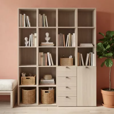 Étagère bibliothèque avec tiroirs et porte effet chêne GoodHome Atomia H. 187,5 x L. 150 x P. 37 cm