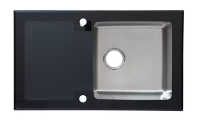 Évier à encastrer en inox et verre trempé noir 1 bac avec égouttoir, L.86 x P.51 cm, Cooke & Lewis Christianna