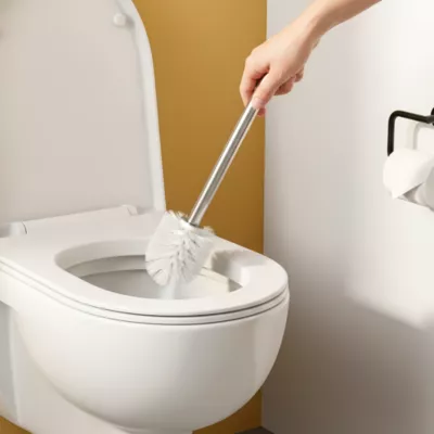 Brosse WC manche acier inoxydable brosse en polypropylène blanche Ø7,5 x H.33 cm