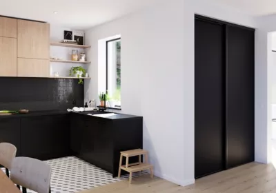 Porte de placard coulissante noir mat profil noir GoodHome Arius H. 248,5 x L. 92.2 cm + amortisseurs