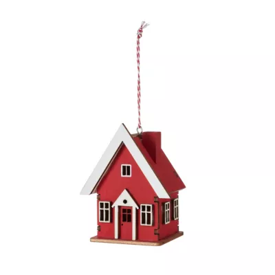 Boule de noel figurine maison en bois rouge et blanc