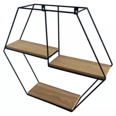 Étagère murale hexagonale à 3 niveaux noir et effet bois