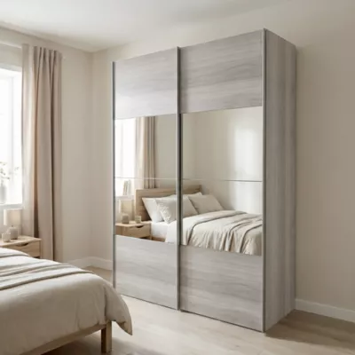 Armoire penderie portes coulissantes effet chêne grisé et miroir GoodHome Atomia H. 225 x L. 150 x P. 63,5 cm