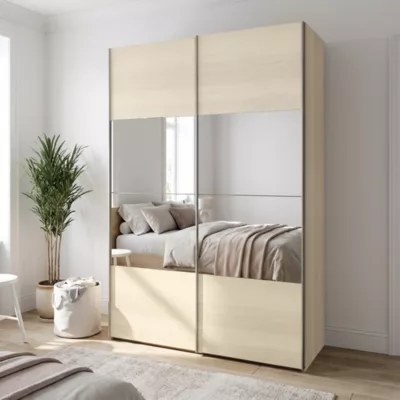Armoire penderie portes coulissantes effet chêne et miroir GoodHome Atomia H. 225 x L. 150 x P. 63,5 cm