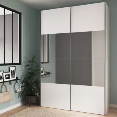 Armoire penderie portes coulissantes blanches et miroir GoodHome Atomia H. 225 x L. 150 x P. 65,5 cm