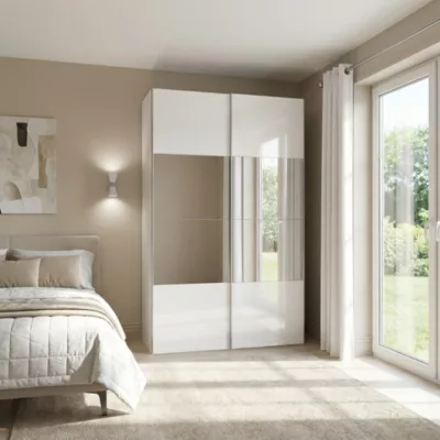 Armoire penderie portes coulissantes blanches brillantes et miroir GoodHome Atomia H. 225 x L. 150 x P. 63,5 cm