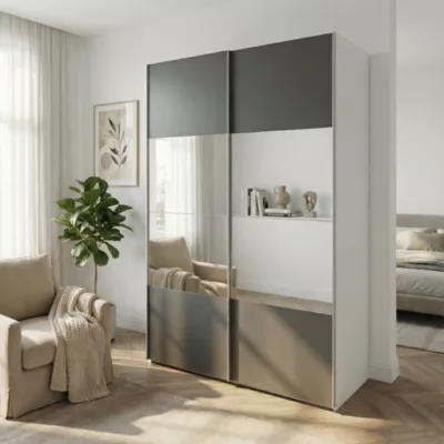 Armoire penderie portes coulissantes anthracite brillant et miroir GoodHome Atomia H. 225 x L. 150 x P. 63,5 cm