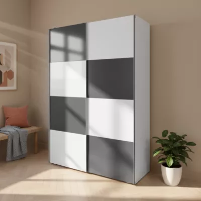 Armoire penderie portes coulissantes blanches brillantes et anthracite brillant GoodHome Atomia H. 225 x L. 150 x P. 63,5 cm