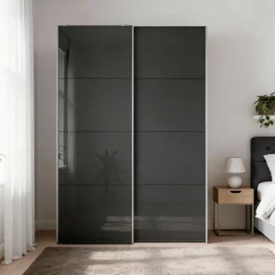 Armoire penderie portes coulissantes blanches et anthracite brillant GoodHome Atomia H. 225 x L. 150 x P. 63,5 cm