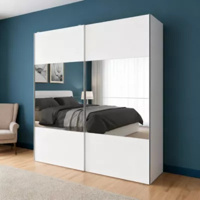 Armoire penderie portes coulissantes blanches et miroir GoodHome Atomia H. 225 x L. 200 x P. 63,5 cm