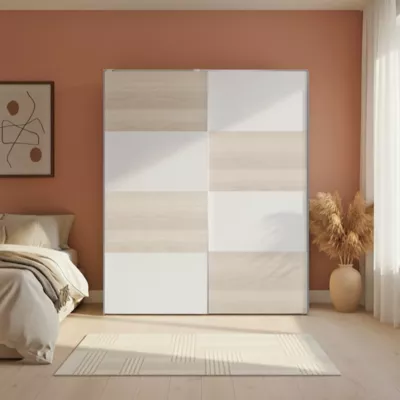 Armoire penderie portes coulissantes blanches mates et effet chêne GoodHome Atomia H. 225 x L. 200 x P. 63,5 cm
