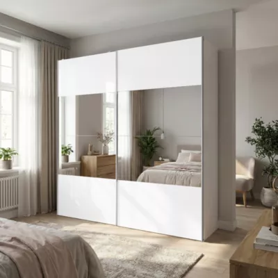 Armoire penderie portes coulissantes blanches brillantes et miroir GoodHome Atomia H. 225 x L. 200 x P. 63,5 cm