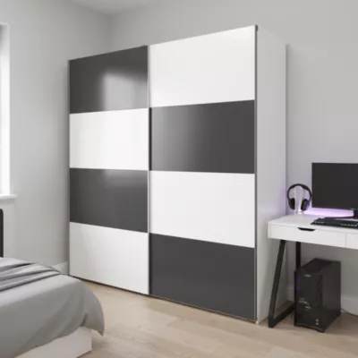 Armoire penderie portes coulissantes blanches brillantes et anthracite brillant GoodHome Atomia H. 225 x L. 200 x P. 63,5 cm