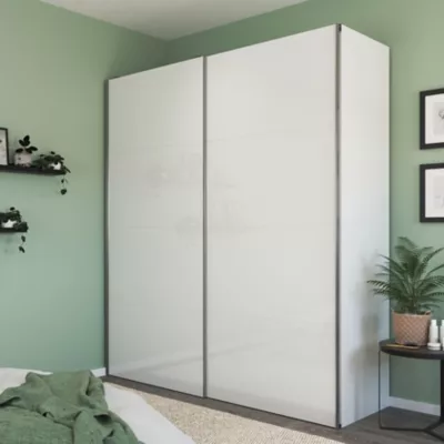Armoire penderie blanche portes coulissantes blanches brillantes GoodHome Atomia H. 225 x L. 200 x P. 63,5 cm
