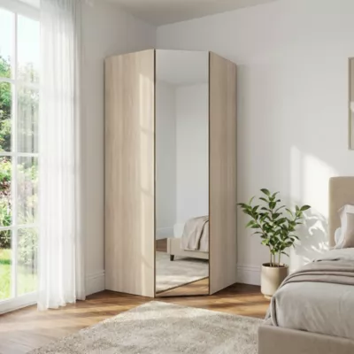 Armoire penderie d'angle effet chêne avec porte battante miroir GoodHome Atomia H. 225 x L. 100 x P. 89 cm
